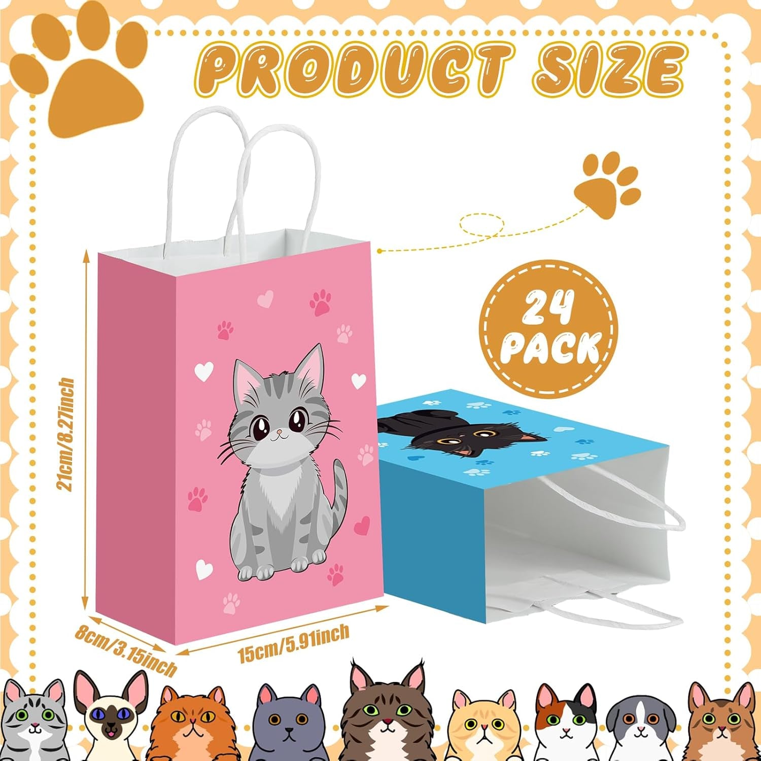 24 Pcs Cat Goodie Bags Cat Party Favors Cute Kitty Gifts Candy Treat Paper Bags with Handles for Kids Birthday Kitten Party Decoration Supplies for Pet Adoption