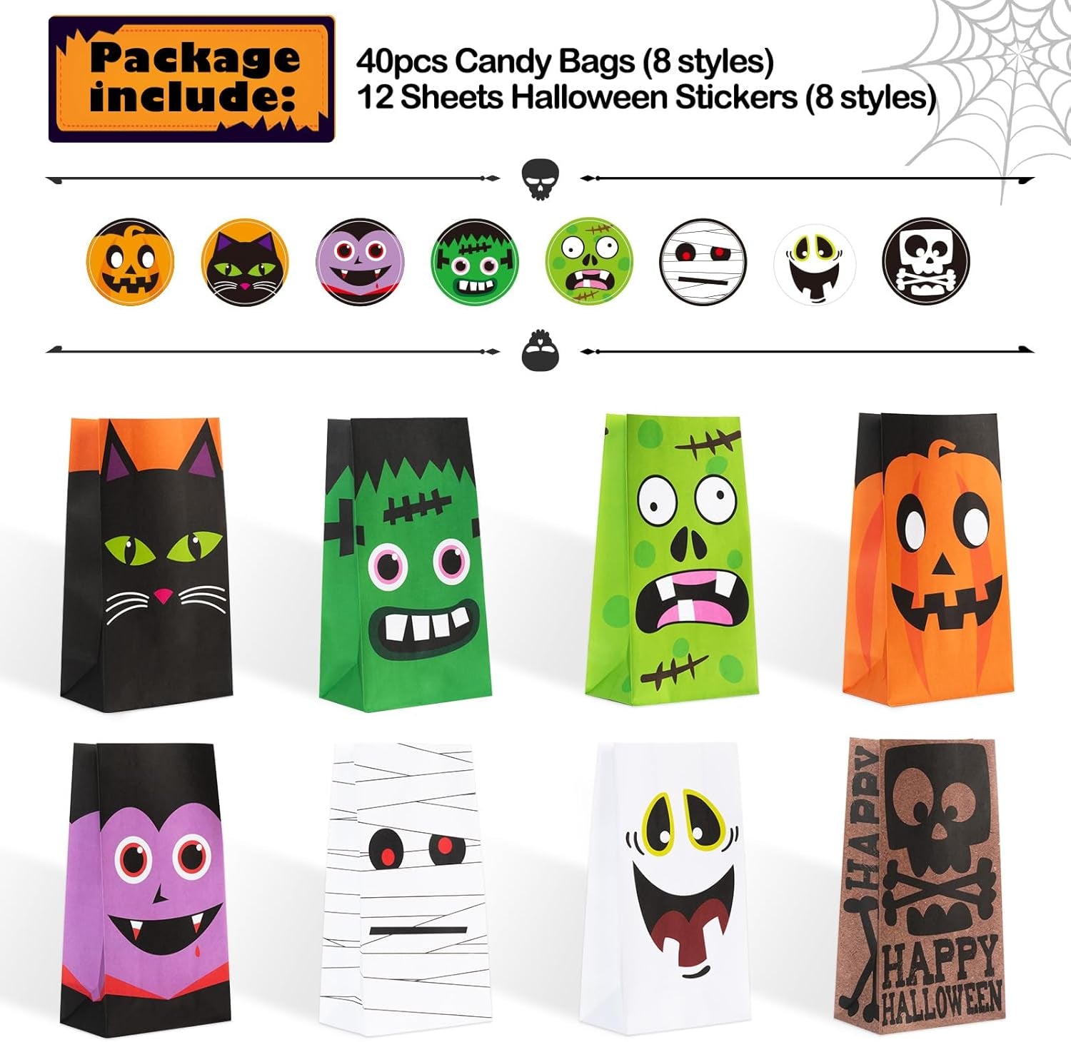 40 PCS Cute Halloween Goodie Bags, 8 Style Halloween Treats Bags Party Favor, Trick or Treat, Gifts, Candies, Snacks, Party Supplies, 40 Stickers Included