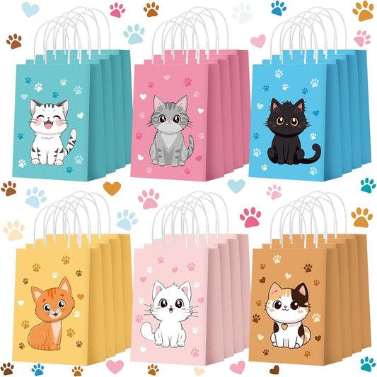 24 Pcs Cat Goodie Bags Cat Party Favors Cute Kitty Gifts Candy Treat Paper Bags with Handles for Kids Birthday Kitten Party Decoration Supplies for Pet Adoption