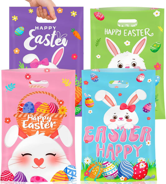 50 Pcs Easter Gift Bags with Handles, Plastic Happy Bunny Goodie Bags Bulk, Cute Spring Treat Tote Goody Cookie Party Favor Bag for Easter Activity Party Favors Supplies Gifts, 4 Styles