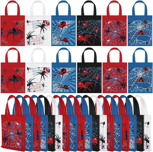 36 Pack Spider Party Favor Gift Bags Non Woven Reusable Goody Treat Bags with Handles Spider Web Themed Birthday Party Supplies, 6 Styles