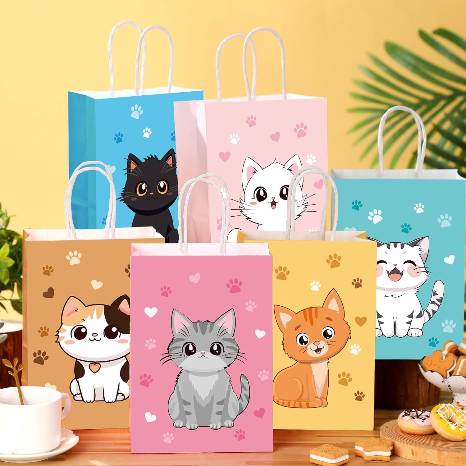 24 Pcs Cat Goodie Bags Cat Party Favors Cute Kitty Gifts Candy Treat Paper Bags with Handles for Kids Birthday Kitten Party Decoration Supplies for Pet Adoption
