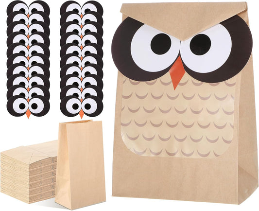 24 Sets Back to School Owl Party Gift Bags Kraft Paper Treat Goodie Bags with DIY Owl Cutouts Sticker Toppers for Classroom Birthday Party Decoration Supplies(Brown)