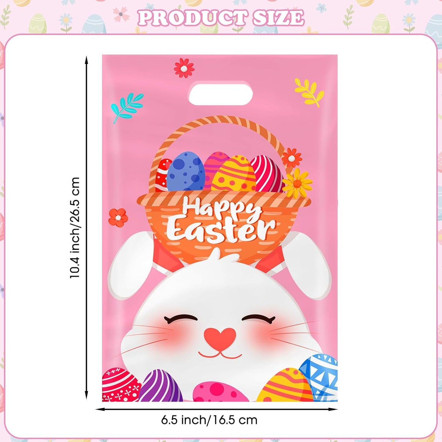 50 Pcs Easter Gift Bags with Handles, Plastic Happy Bunny Goodie Bags Bulk, Cute Spring Treat Tote Goody Cookie Party Favor Bag for Easter Activity Party Favors Supplies Gifts, 4 Styles