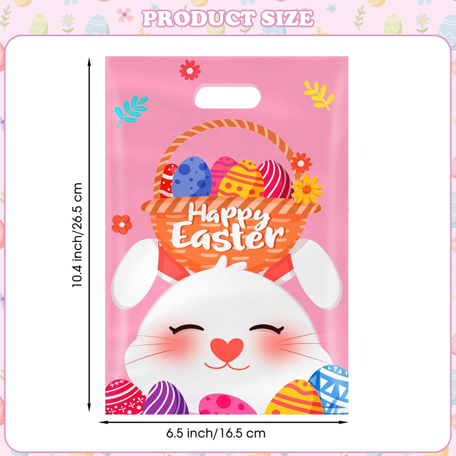 50 Pcs Easter Gift Bags with Handles, Plastic Happy Bunny Goodie Bags Bulk, Cute Spring Treat Tote Goody Cookie Party Favor Bag for Easter Activity Party Favors Supplies Gifts, 4 Styles