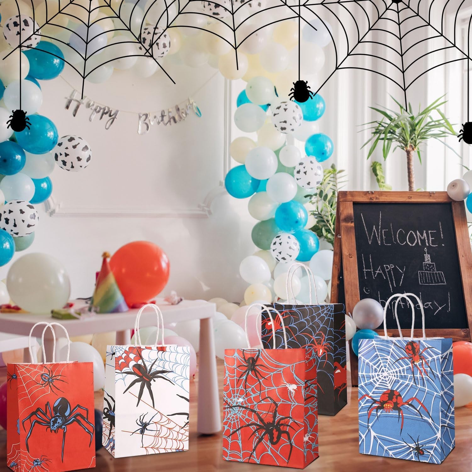 24Pcs Spider Party Favors Bags, 6 Styles Double Sided Spider Web Goodie Treat Candy Gifts Bags with Handle Red Blue White Black Design Perfect Birthday Decorations Supplies and Party Favors