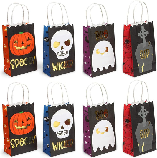 24 Pack Halloween Paper Goodie Bags with Handles for Kids Trick or Treat Candy Gift, Party Favor Supplies, 4 Designs - Gift Bag - Party Supply