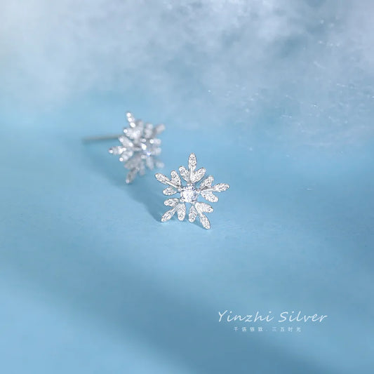 925 Sterling Silver Korean Version Simple Snowflake Stud Earrings Women Crystal Light Luxury Jewelry Gift